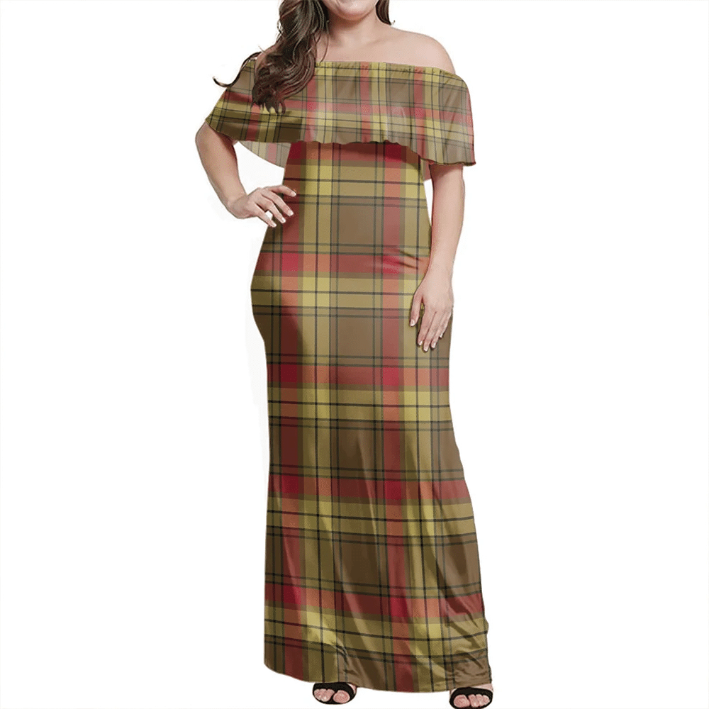 MacMillan Old Weathered Tartan Off Shoulder Long Dress