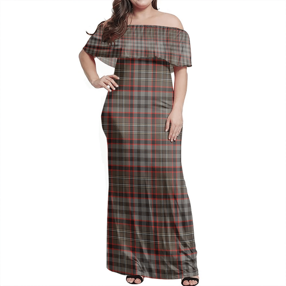 Nicolson Hunting Weathered Tartan Off Shoulder Long Dress