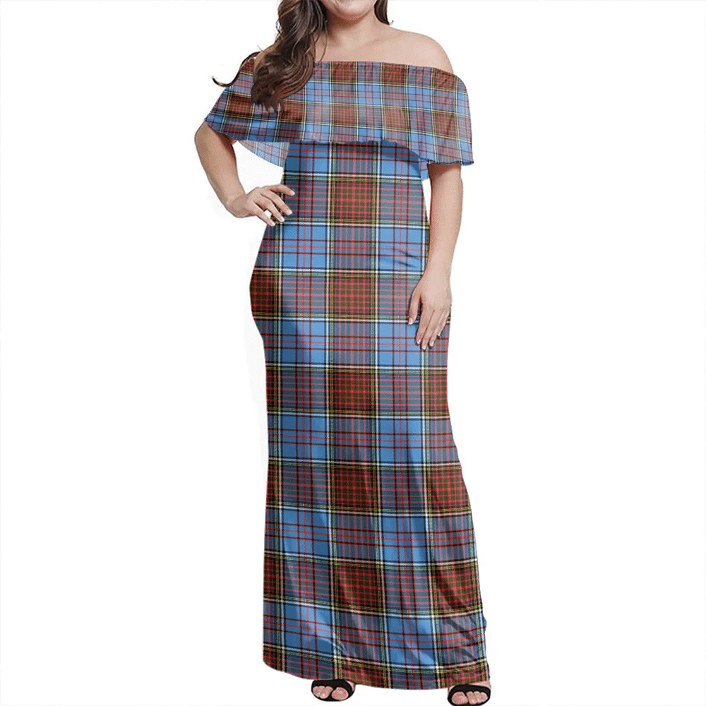 Anderson Modern Tartan Off Shoulder Long Dress