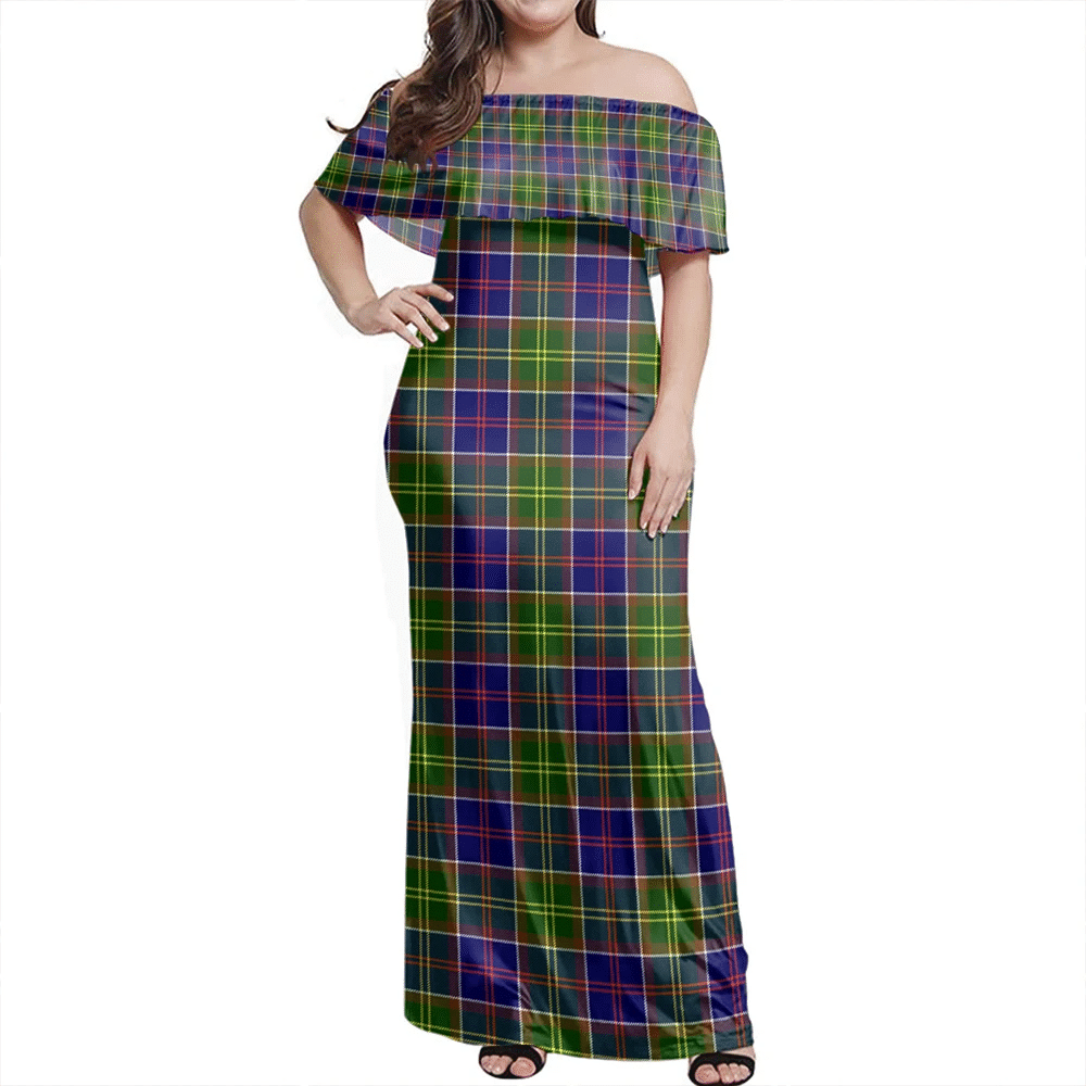 Ayrshire District Tartan Off Shoulder Long Dress