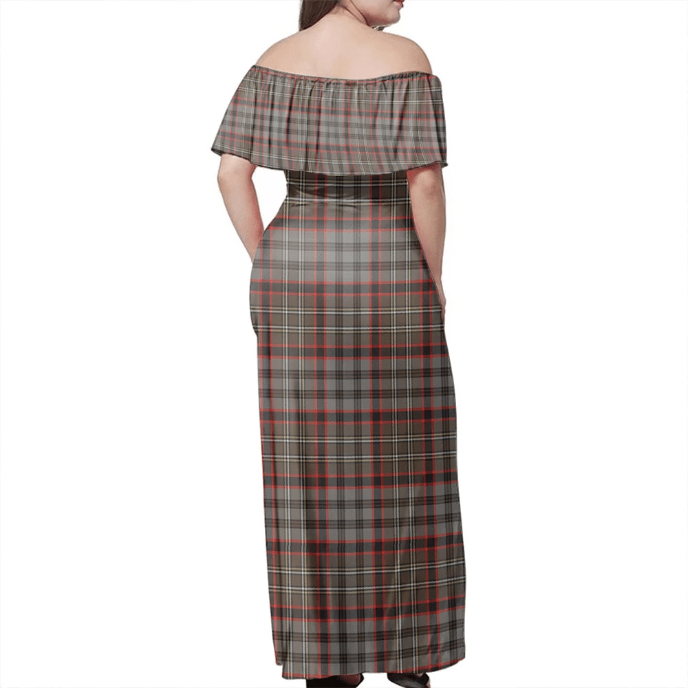 Nicolson Hunting Weathered Tartan Off Shoulder Long Dress