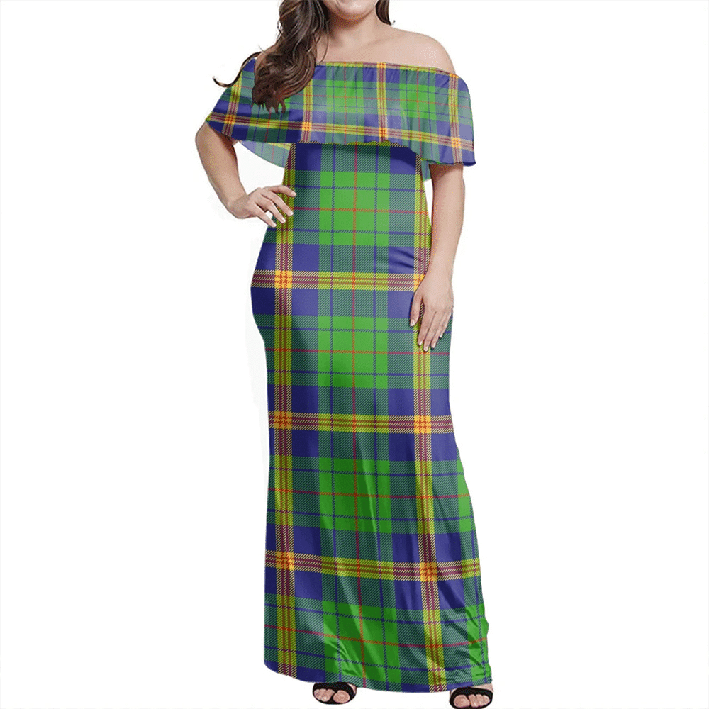 New Mexico Tartan Off Shoulder Long Dress