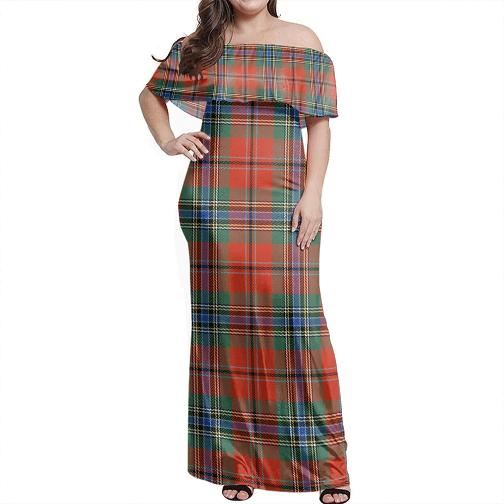 MacLean Of Duart Ancient Tartan Off Shoulder Long Dress