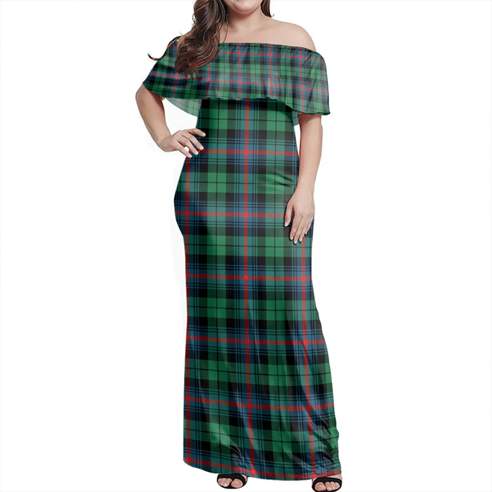 Urquhart Broad Red Ancient Tartan Off Shoulder Long Dress