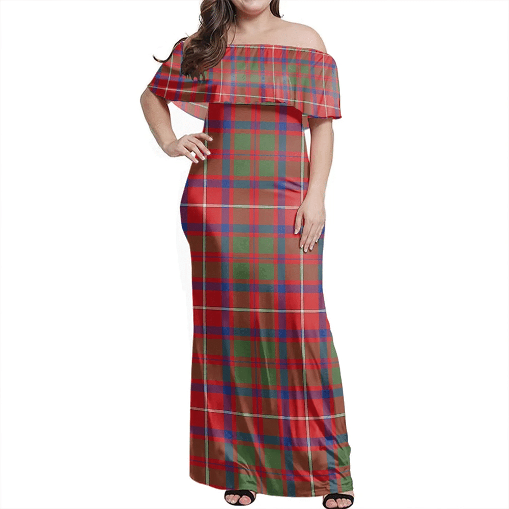 Shaw Red Modern Tartan Off Shoulder Long Dress