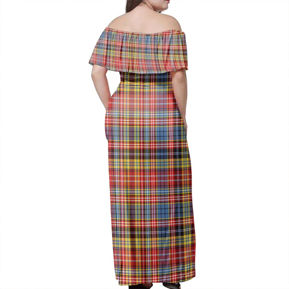 Drummond Of Strathallan Tartan Off Shoulder Long Dress