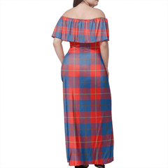 Galloway Red Tartan Off Shoulder Long Dress