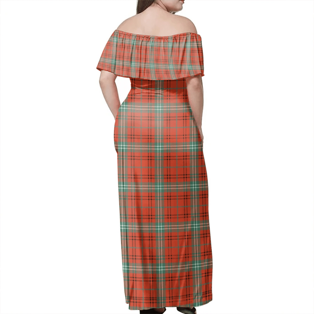 Morrison Red Ancient Tartan Off Shoulder Long Dress