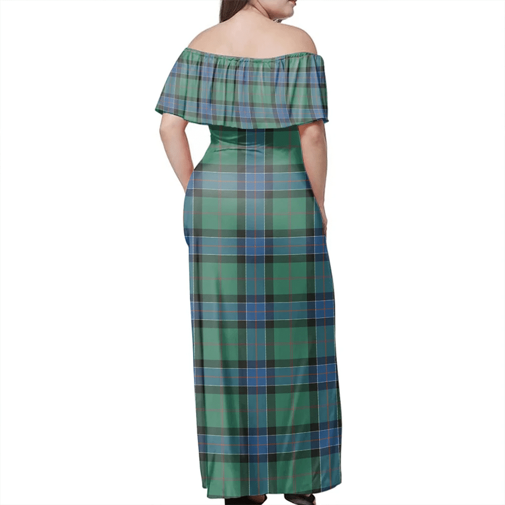 Sinclair Hunting Ancient Tartan Off Shoulder Long Dress