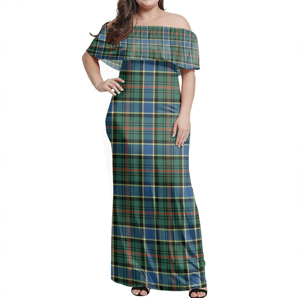 Ogilvie Hunting Ancient Tartan Off Shoulder Long Dress