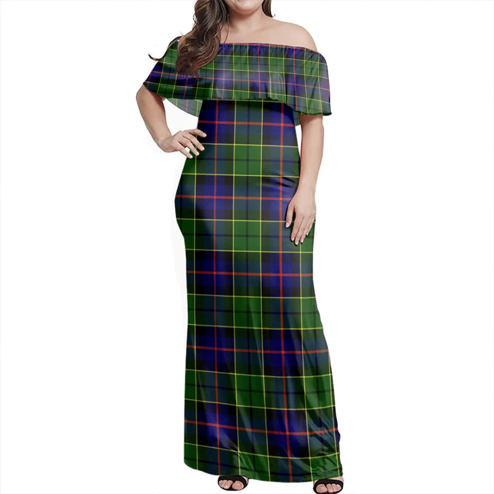 Forsyth Modern Tartan Off Shoulder Long Dress