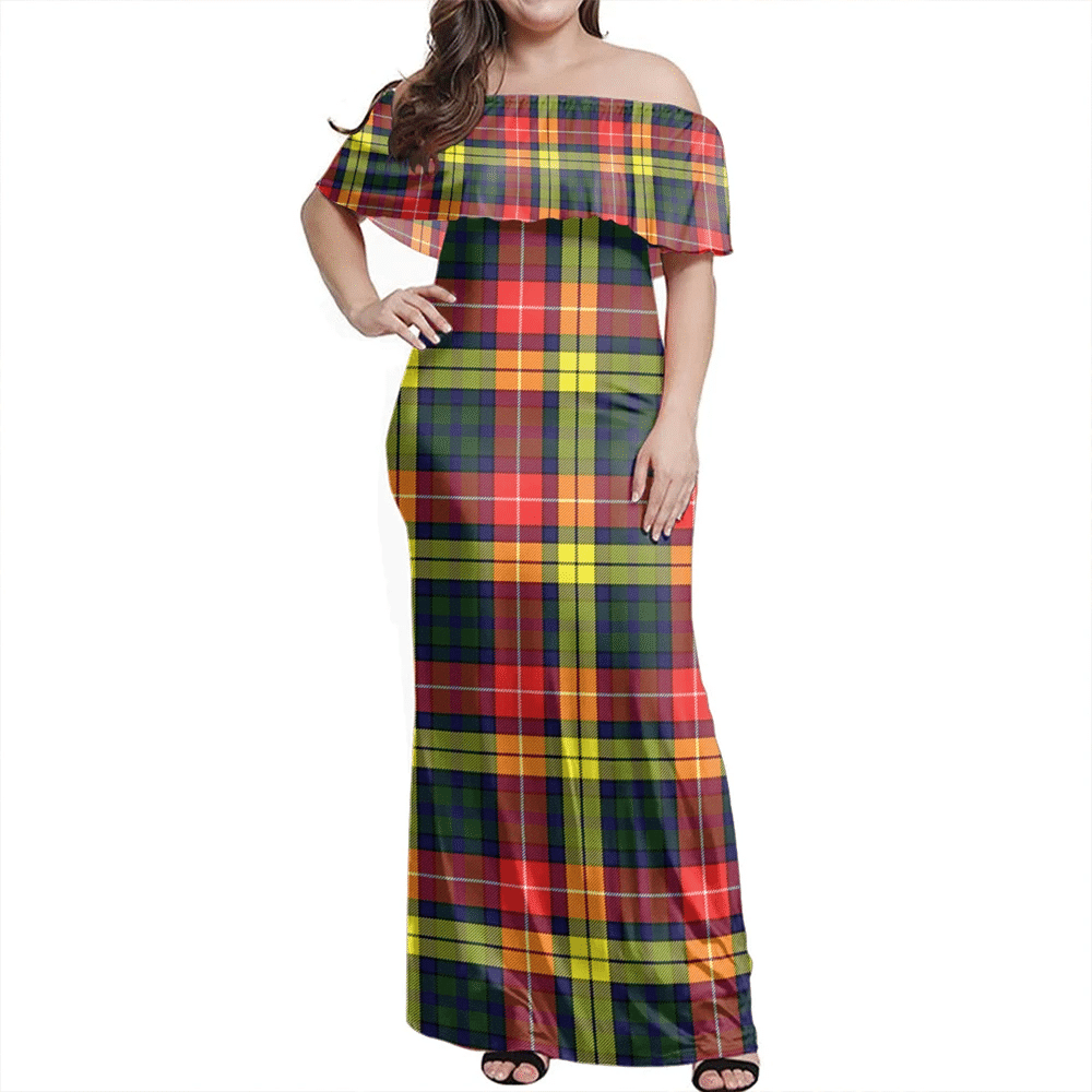 Buchanan Modern Tartan Off Shoulder Long Dress