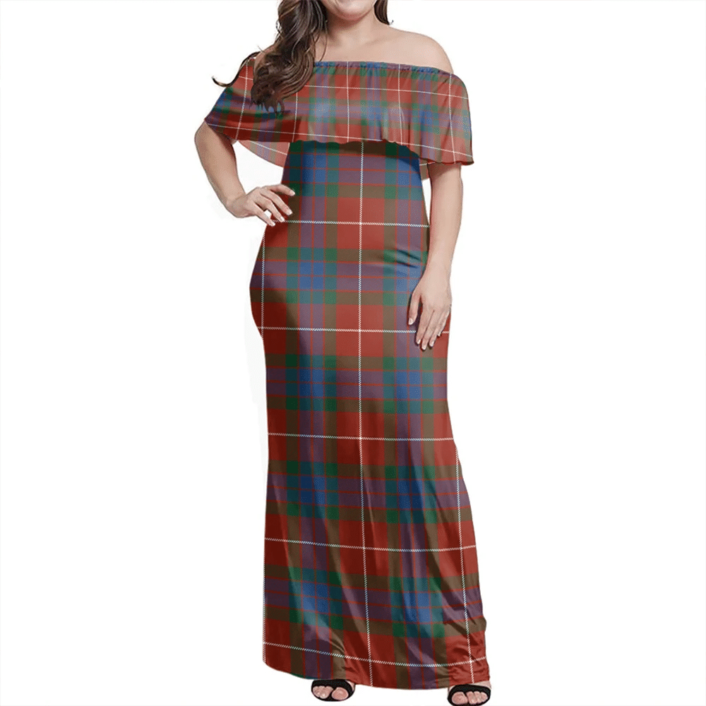 Fraser Ancient Tartan Off Shoulder Long Dress