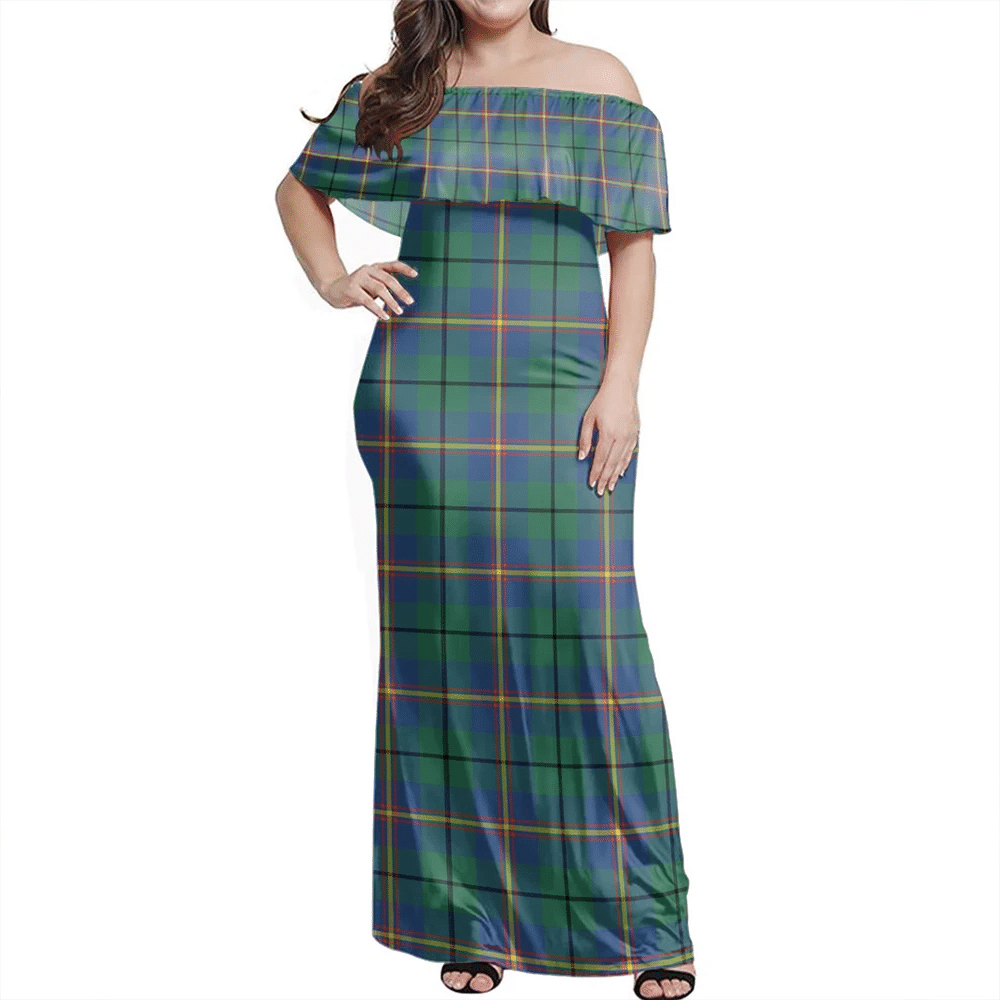 Carmichael Ancient Tartan Off Shoulder Long Dress