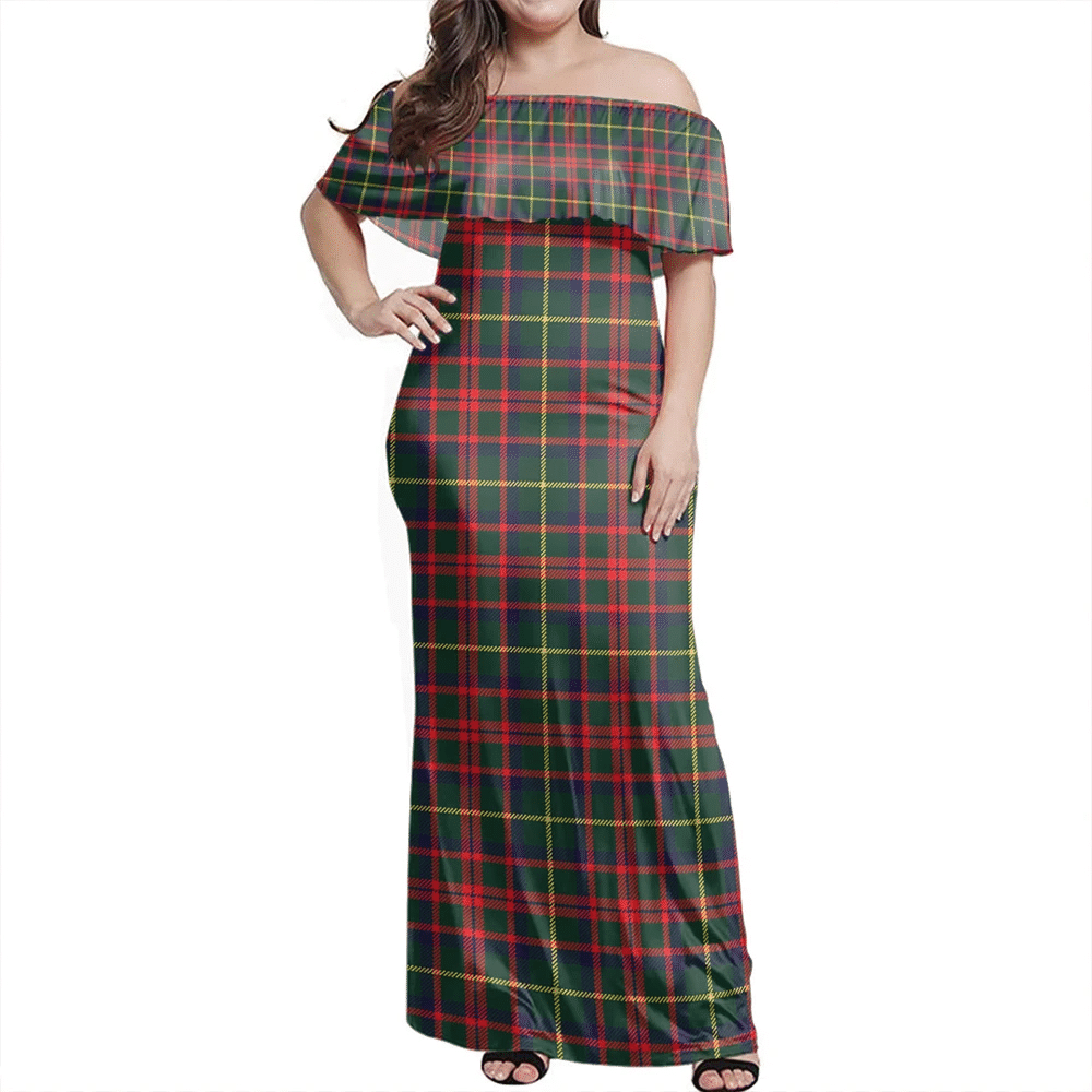 MacKintosh Hunting Modern Tartan Off Shoulder Long Dress