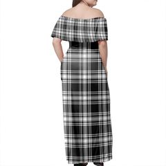 Menzies Black & White Modern Tartan Off Shoulder Long Dress