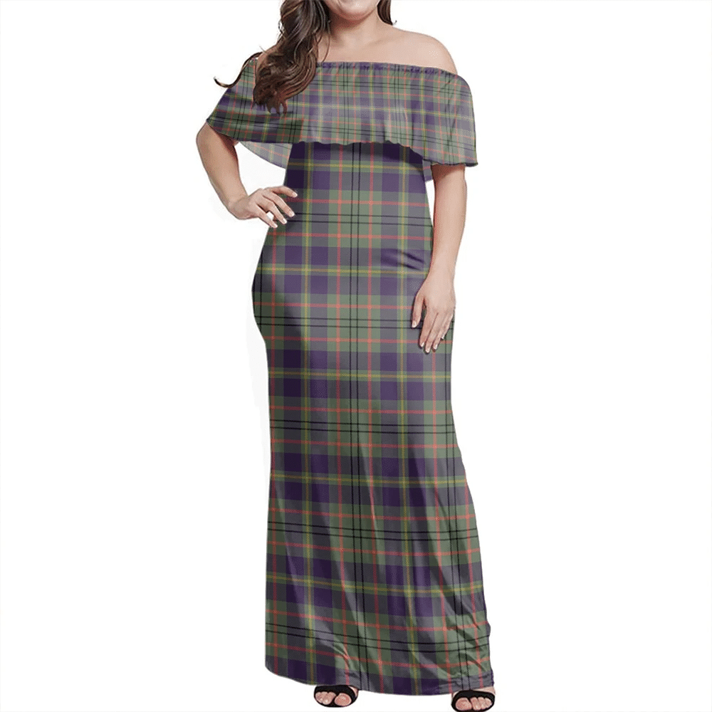 Taylor Weathered Tartan Off Shoulder Long Dress