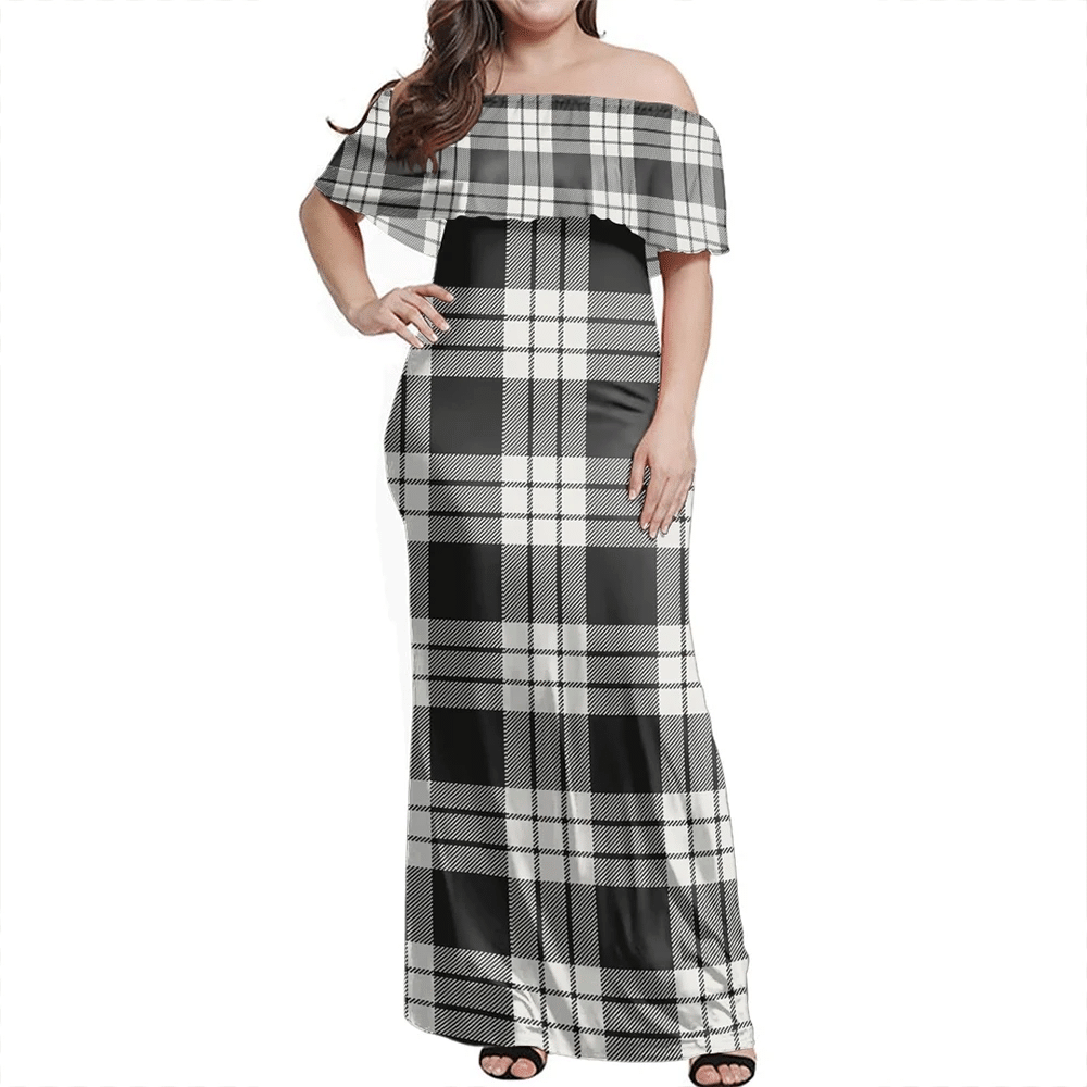 MacFarlane Black & White Tartan Off Shoulder Long Dress