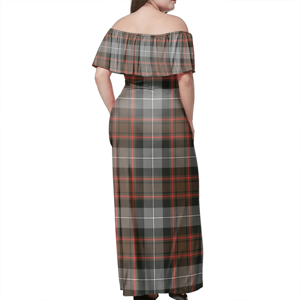 MacRae Hunting Weathered Tartan Off Shoulder Long Dress