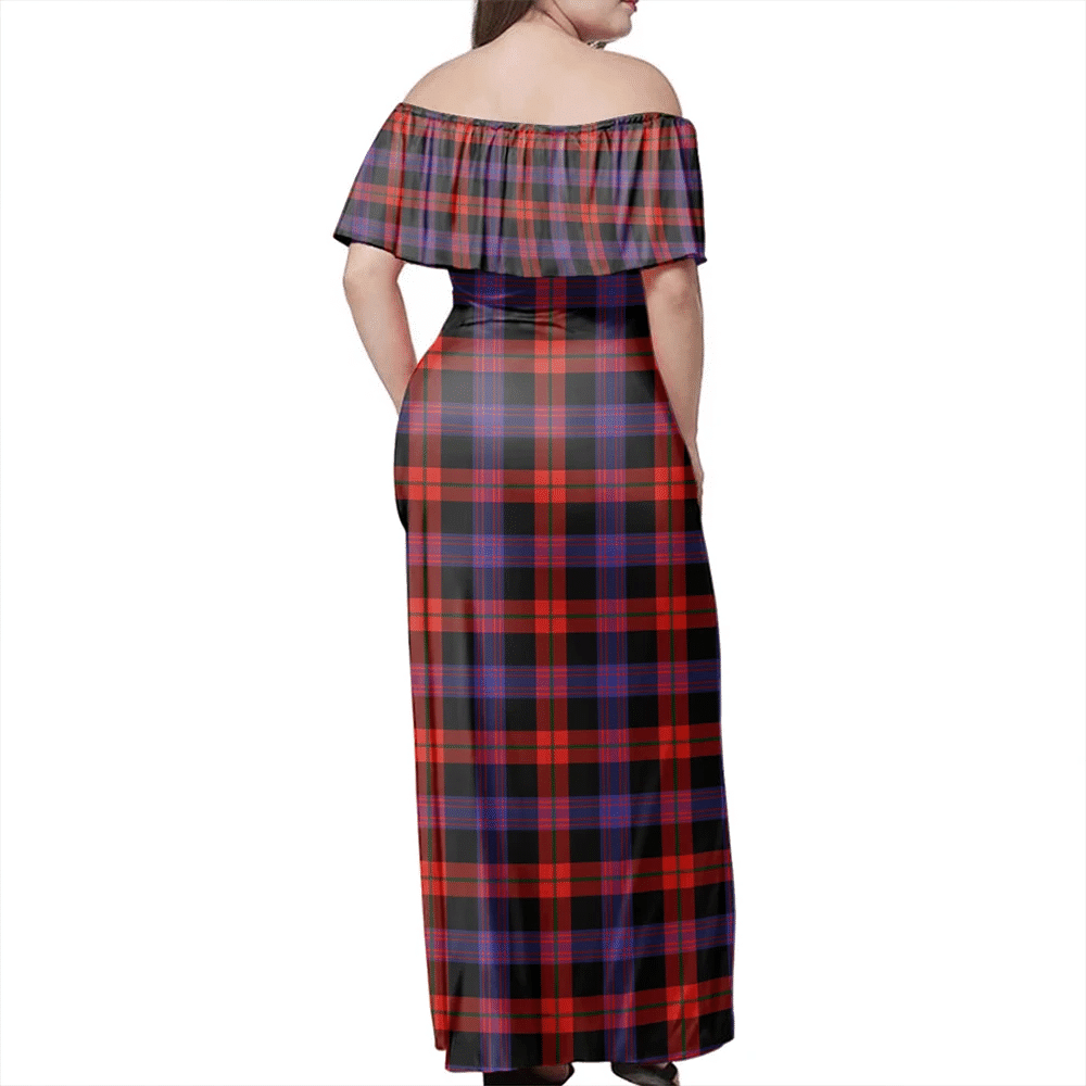 Brown Modern Tartan Off Shoulder Long Dress