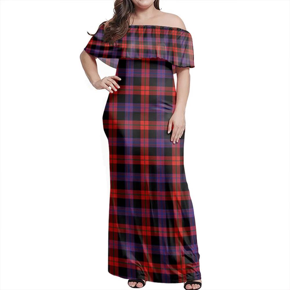 Brown Modern Tartan Off Shoulder Long Dress