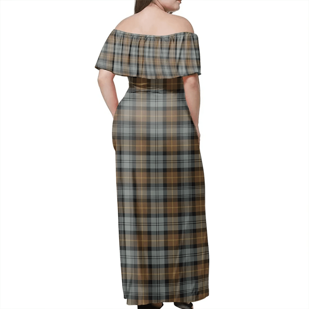 Gordon Old Weathered Tartan Off Shoulder Long Dress