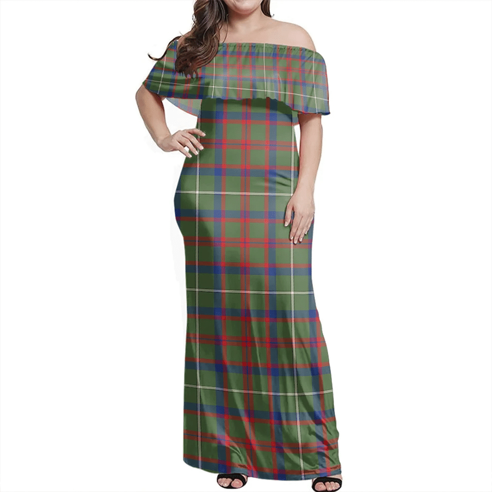 Shaw Green Modern Tartan Off Shoulder Long Dress