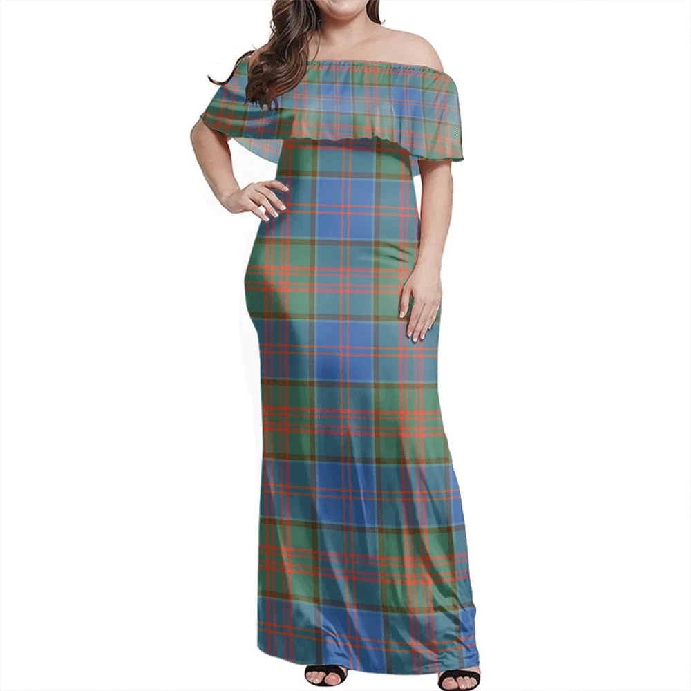 Stewart Of Appin Hunting Ancient Tartan Off Shoulder Long Dress