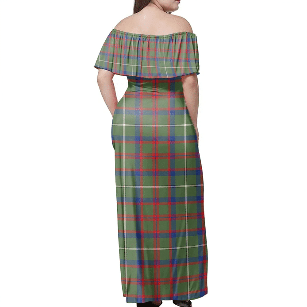 Shaw Green Modern Tartan Off Shoulder Long Dress