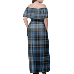 Clergy Blue Tartan Off Shoulder Long Dress