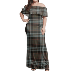 Stewart Old Weathered Tartan Off Shoulder Long Dress