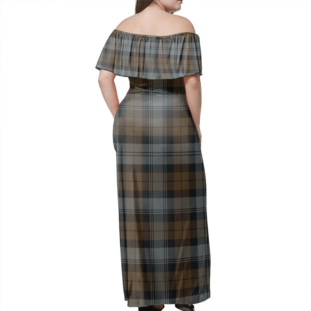 Blackwatch Weathered Tartan Off Shoulder Long Dress