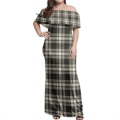 Menzies Black & White Ancient Tartan Off Shoulder Long Dress