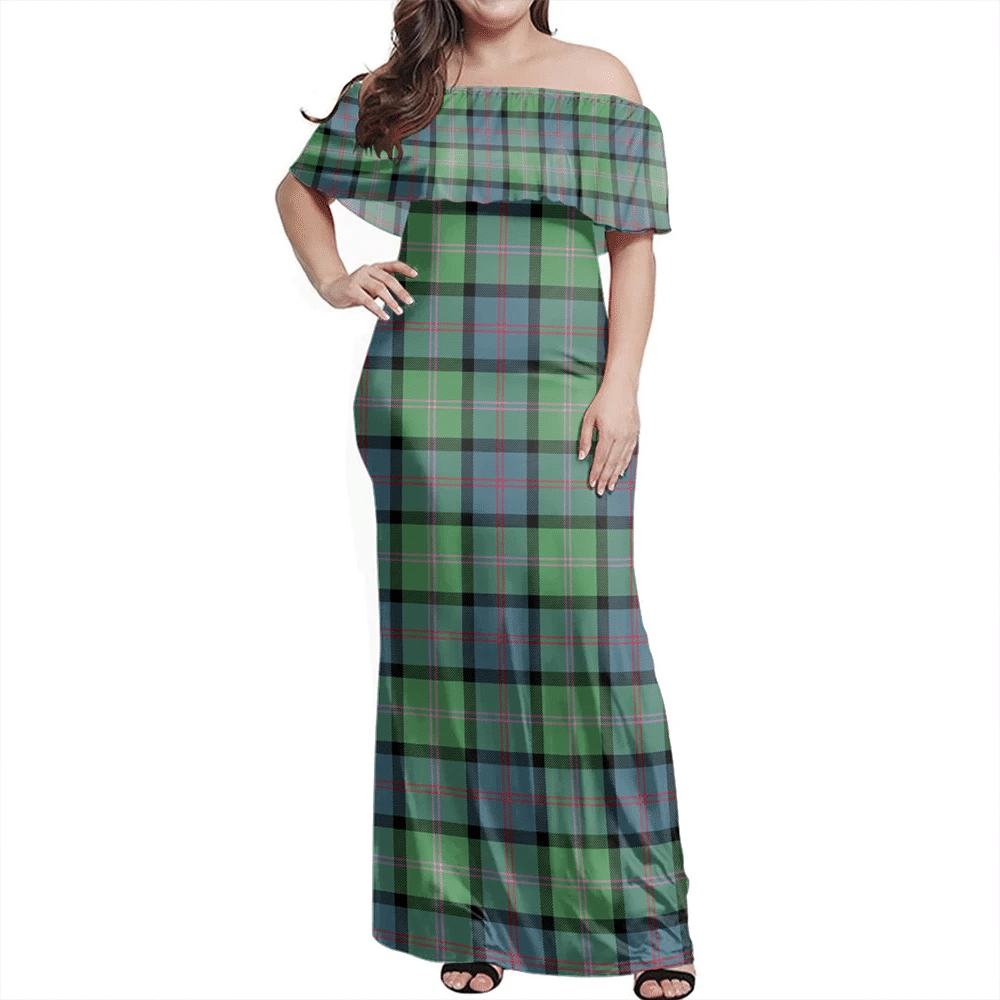 MacThomas Ancient Tartan Off Shoulder Long Dress