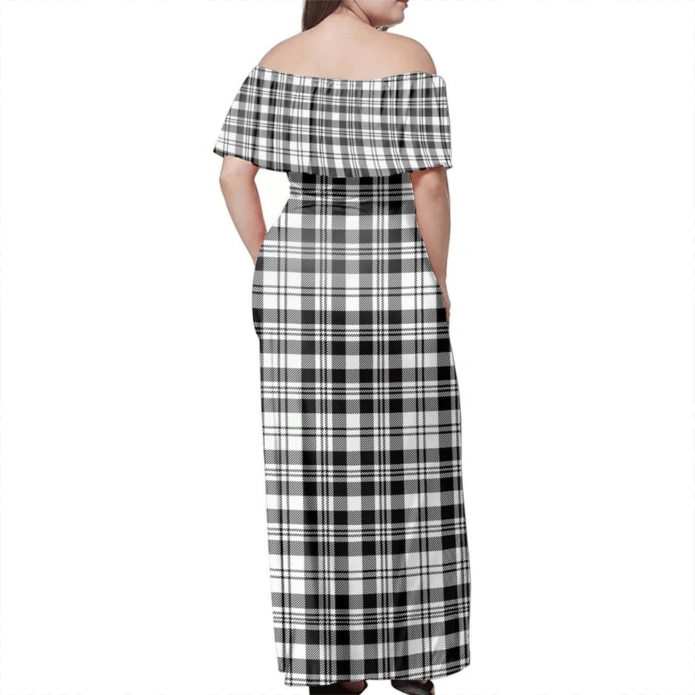 Scott Black & White Modern Tartan Off Shoulder Long Dress