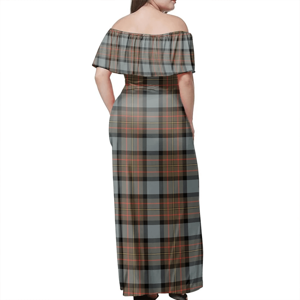 MacLaren Weathered Tartan Off Shoulder Long Dress