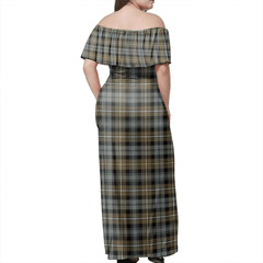 Campbell Argyll Weathered Tartan Off Shoulder Long Dress