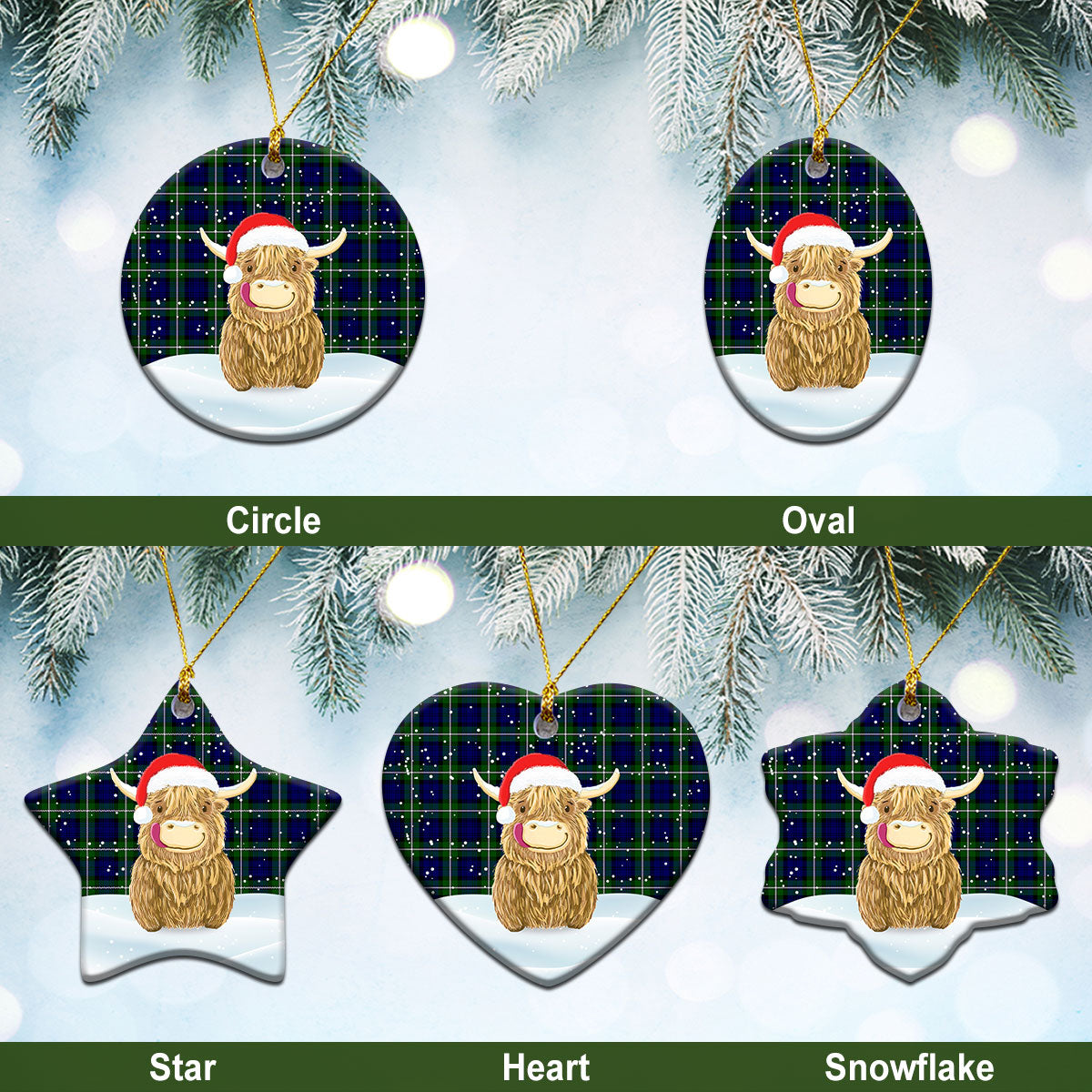 Bannerman Tartan Christmas Ceramic Ornament - Highland Cows Style