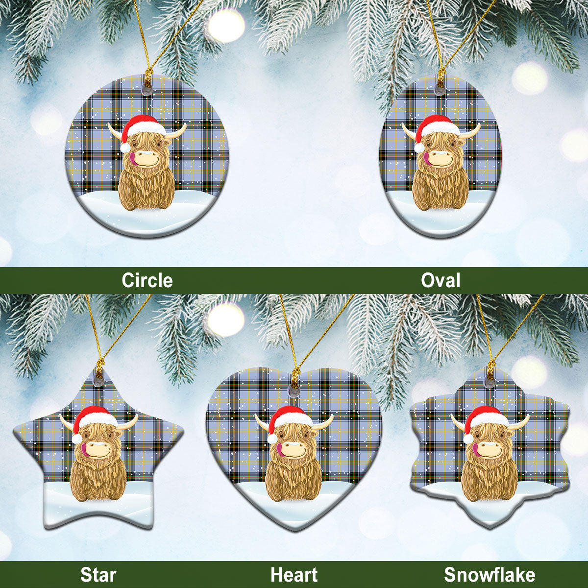 Bell of the Borders Tartan Christmas Ceramic Ornament - Highland Cows Style