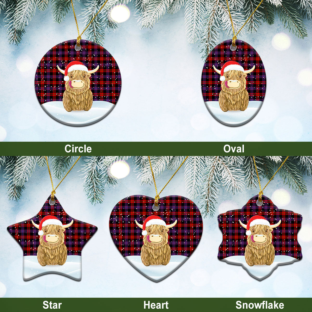 Broun Modern Tartan Christmas Ceramic Ornament - Highland Cows Style