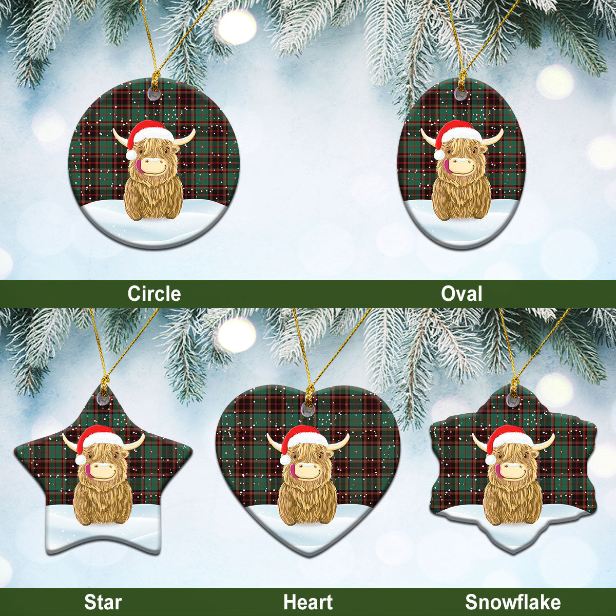 Buchan Ancient Tartan Christmas Ceramic Ornament - Highland Cows Style