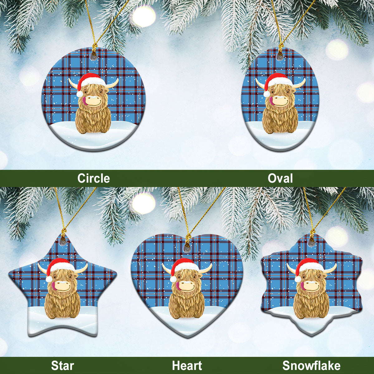 Elliot Ancient Tartan Christmas Ceramic Ornament - Highland Cows Style