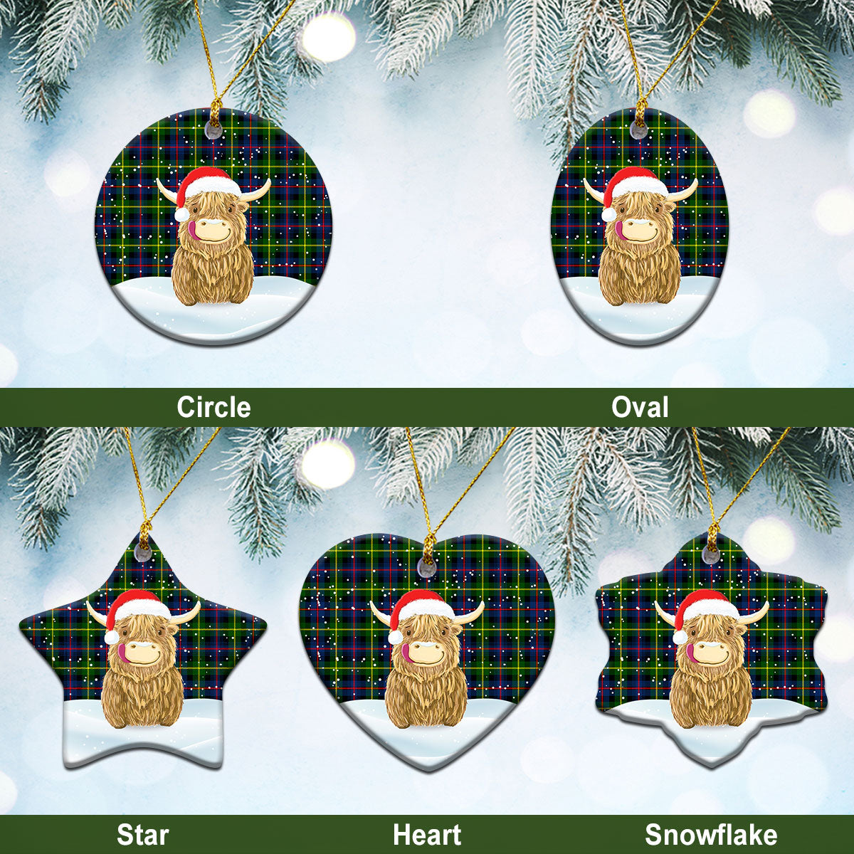 Farquharson Modern Tartan Christmas Ceramic Ornament - Highland Cows Style