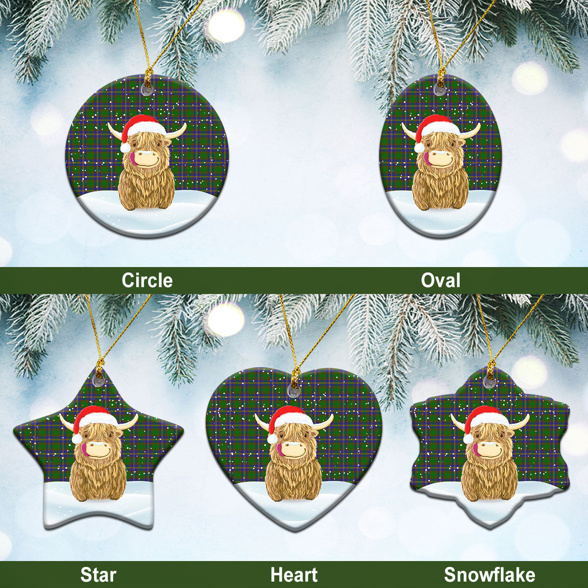 Strang (or Strange) Tartan Christmas Ceramic Ornament - Highland Cows Style