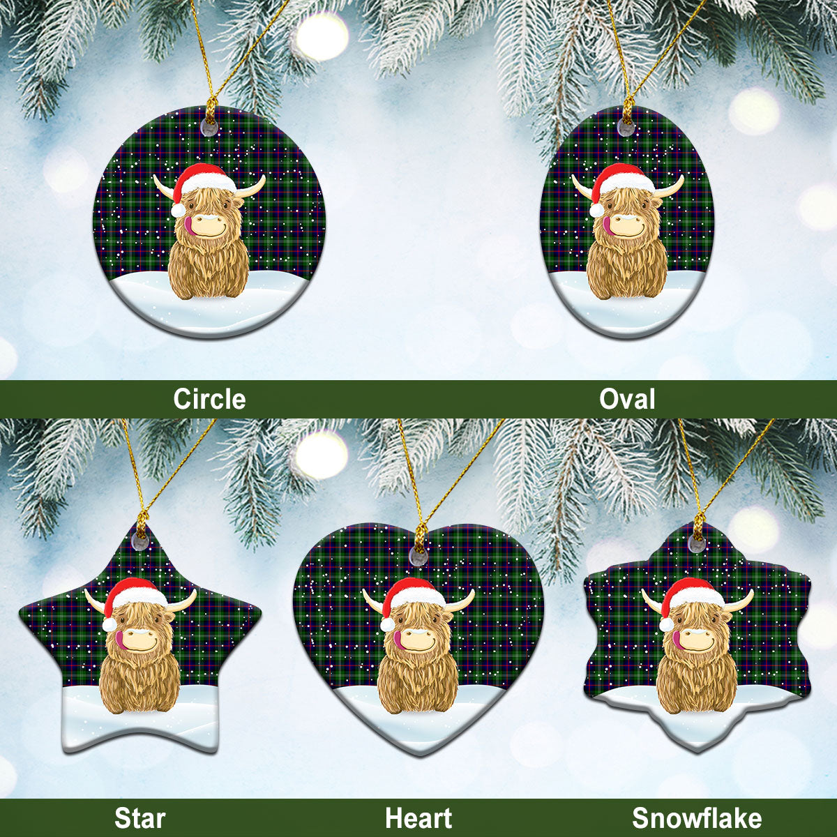 Sutherland Modern Tartan Christmas Ceramic Ornament - Highland Cows Style