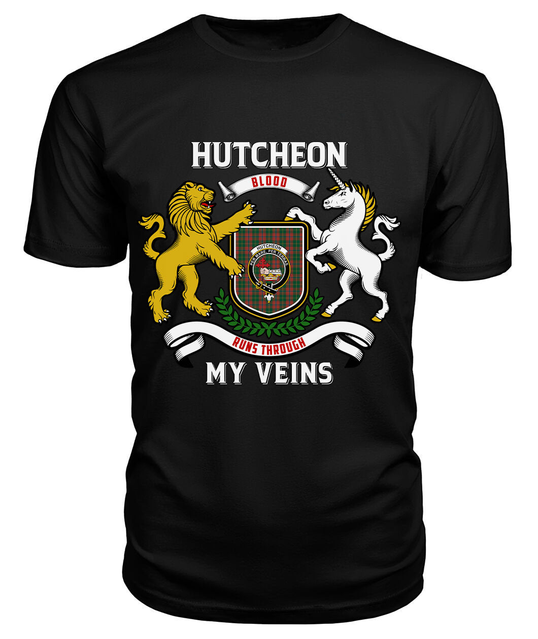 Hutcheon Tartan Crest 2D T-shirt - Blood Runs Through My Veins Style