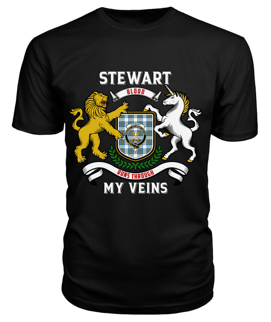 Stewart Muted Blue Tartan Crest 2D T-shirt - Blood Runs Through My Veins Style 1060