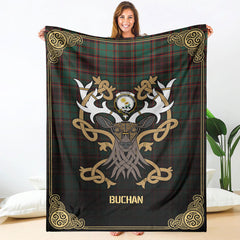 Buchan Ancient Tartan Crest Premium Blanket - Celtic Stag style