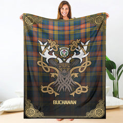 Buchanan Ancient Tartan Crest Premium Blanket - Celtic Stag style