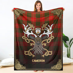 Cameron Modern Tartan Crest Premium Blanket - Celtic Stag style